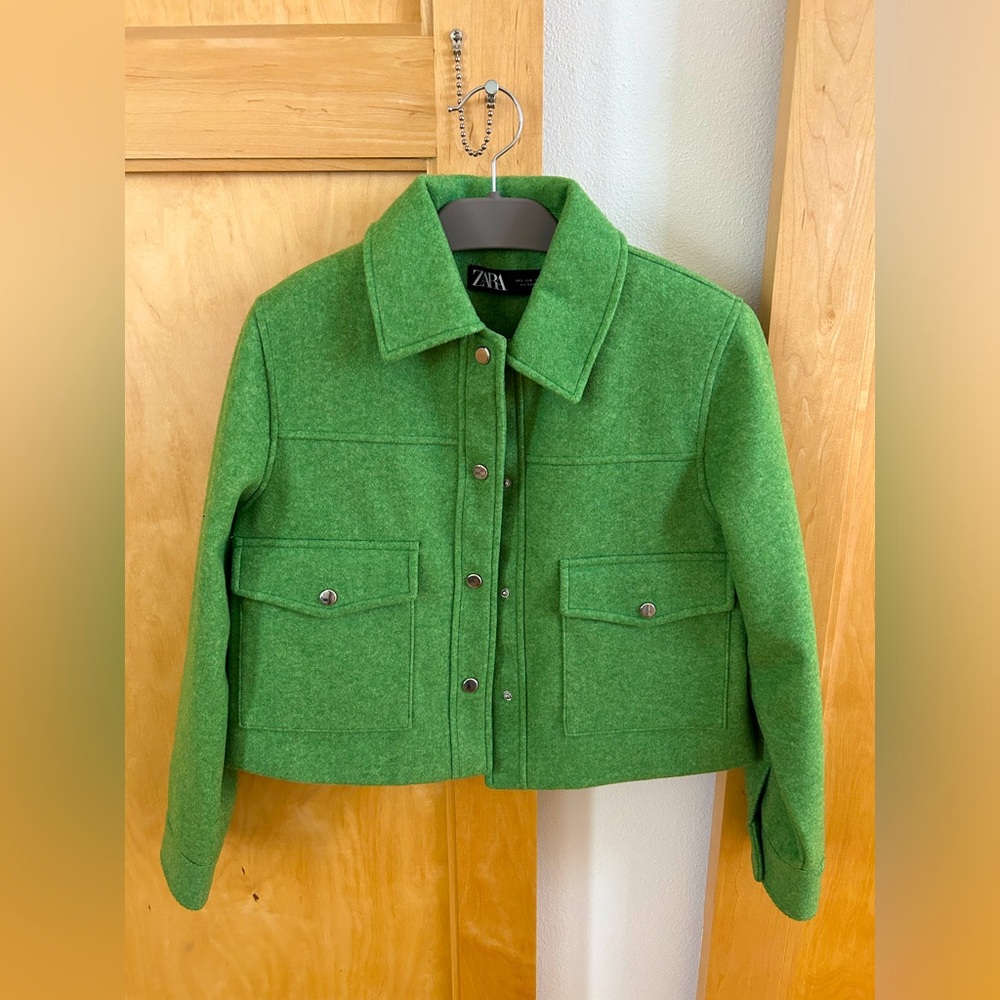 Zara Green Snap Button Cropped Boxy Shacket Minimalist Retro Boho - S